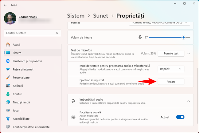 Redarea eÈ™antionului de testare a microfonului