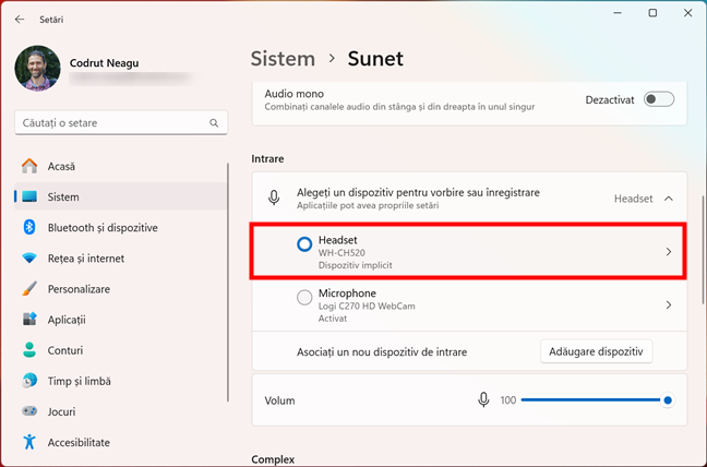 Alegerea microfonului implicit Ã®n Windows 11