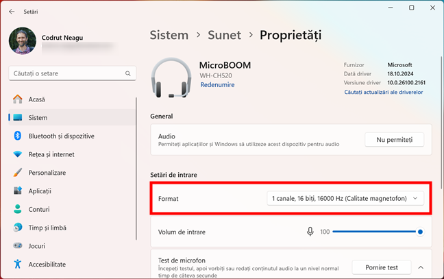 Alege un format de Ã®nregistrare pentru microfon