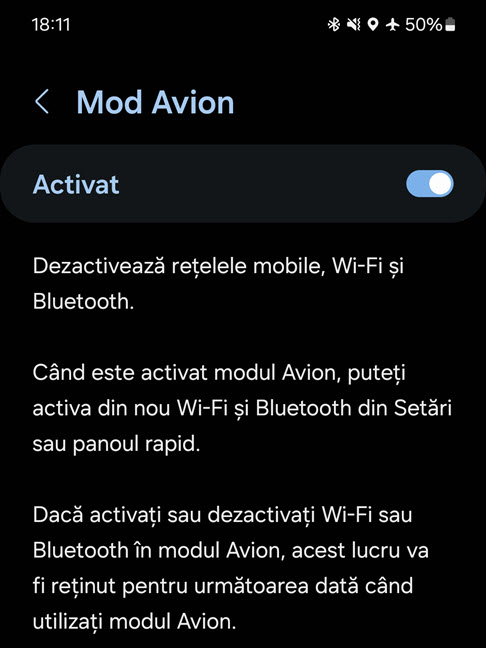 Mod Avion Ã®È›i permite sÄƒ activezi Wi-Fi sau Bluetooth È™i reÈ›ine alegerile tale