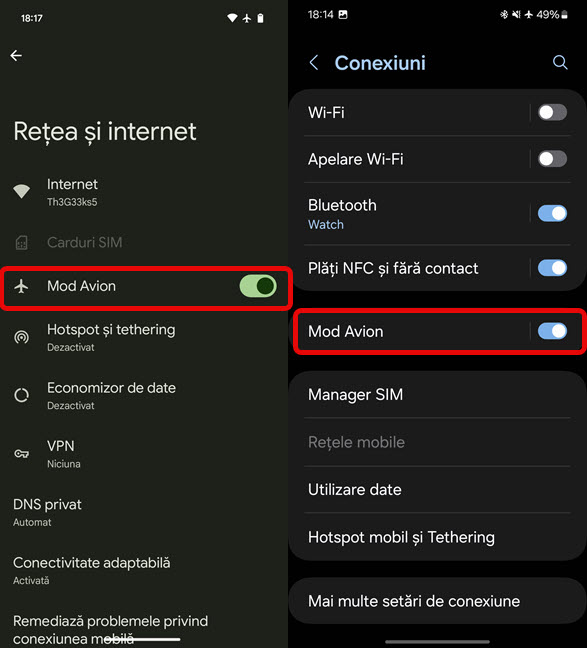 ApasÄƒ pentru a dezactiva Mod Avion