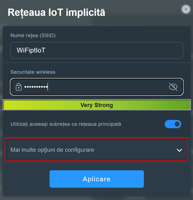 SeteazÄƒ numele È™i parola reÈ›elei, apoi apasÄƒ pe Mai multe opÈ›iuni de configurare