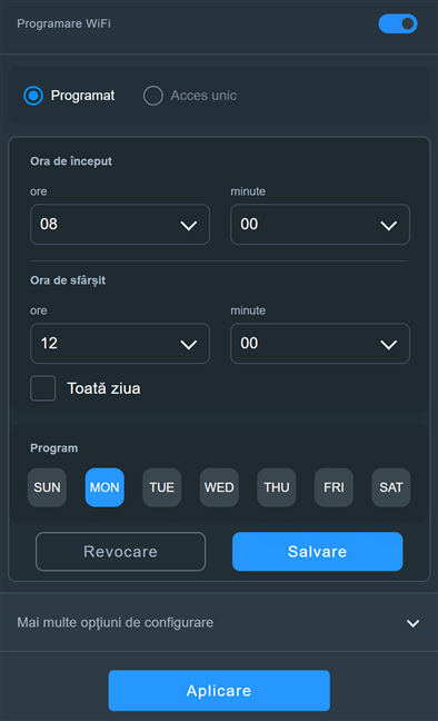 OpÈ›iunile pentru programarea reÈ›elei Wi-Fi pentru vizitatori