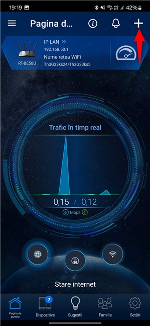 ÃŽn aplicaÈ›ia ASUS Router, apasÄƒ pe semnul plus