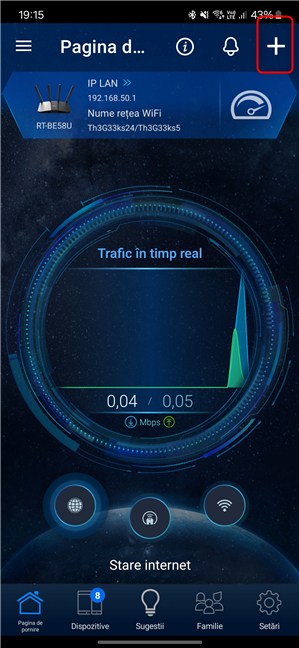 ÃŽn aplicaÈ›ia ASUS Router, apasÄƒ pe semnul plus