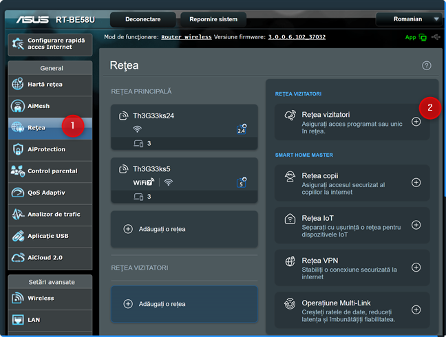 Pe routerul tÄƒu ASUS, apasÄƒ pe ReÈ›ea È™i apoi pe ReÈ›ea vizitatori
