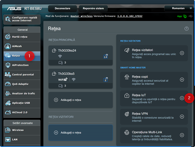 Pe routerul tÄƒu ASUS, acceseazÄƒ ReÈ›ea È™i apasÄƒ pe ReÈ›ea IoT
