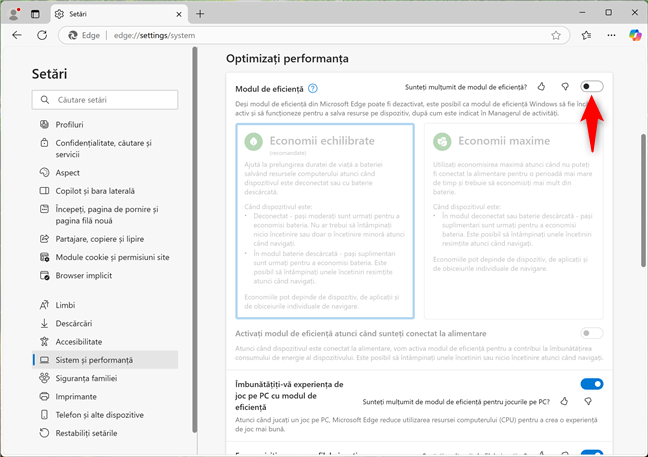 Dezactivarea Modului de eficienÈ›Äƒ Ã®n Microsoft Edge