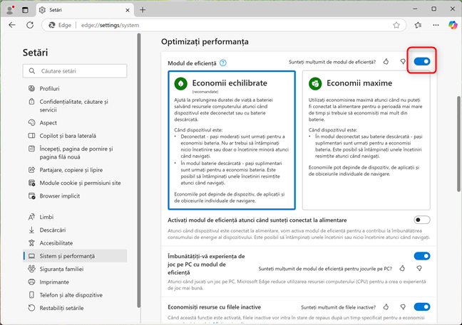 ActiveazÄƒ Modul de eficienÈ›Äƒ Ã®n Microsoft Edge