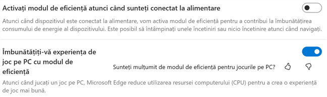 ActiveazÄƒ opÈ›iuni suplimentare pentru Modul de eficienÈ›Äƒ