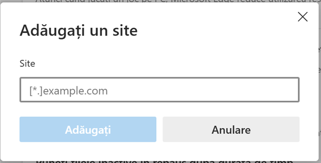 Introdu adresa URL a site-ului pe care vrei sÄƒ Ã®l excluzi din Modul de eficienÈ›Äƒ