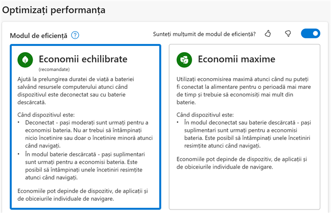 SetÄƒrile pentru Modul de eficienÈ›Äƒ Ã®n Microsoft Edge