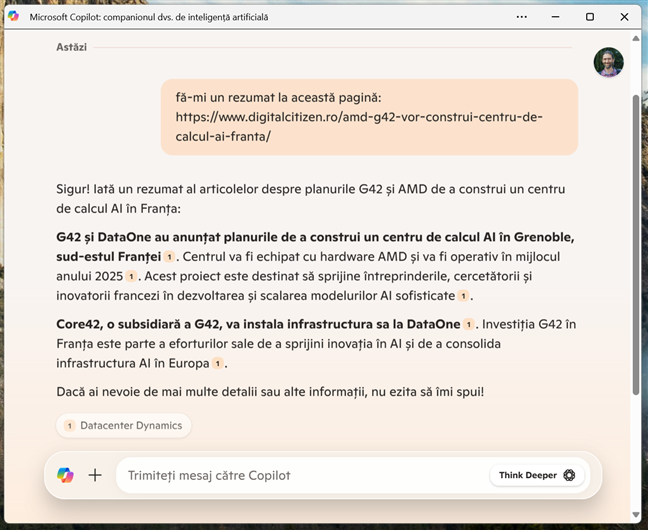 Utilizarea Copilotului pentru a rezuma o paginÄƒ web de pe Digital Citizen