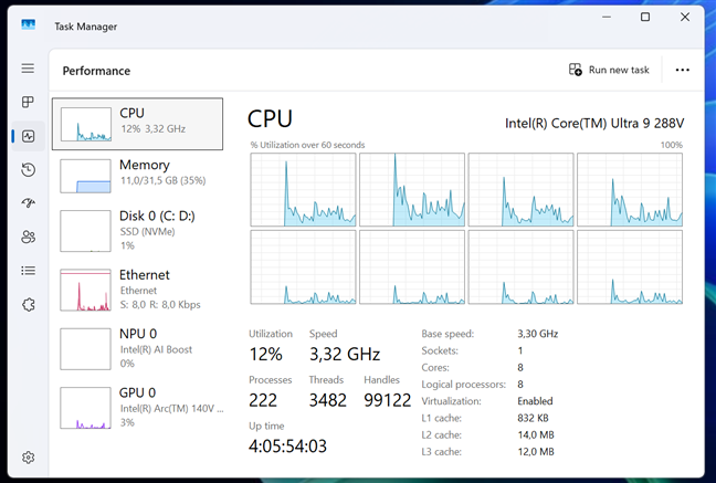 Unitatea pentru teste funcÈ›ioneazÄƒ pe un procesor Intel Core Ultra 9 288V