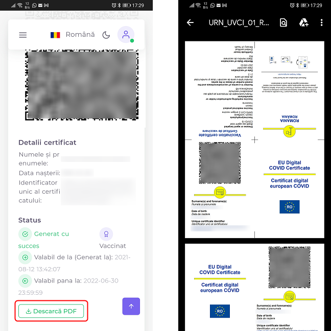 DescarcÄƒ certificatul COVID Ã®n format PDF