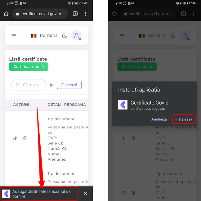 InstaleazÄƒ aplicaÈ›ia Certificate de pe pagina certificat-covid.gov.ro