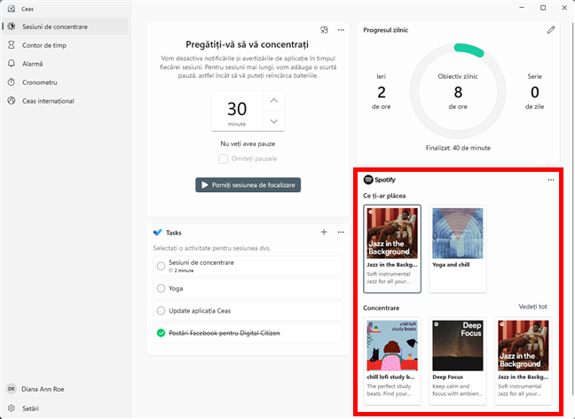 ConecteazÄƒ-te la Spotify Ã®n fila Sesiuni de concentrare a aplicaÈ›iei Ceas din Windows