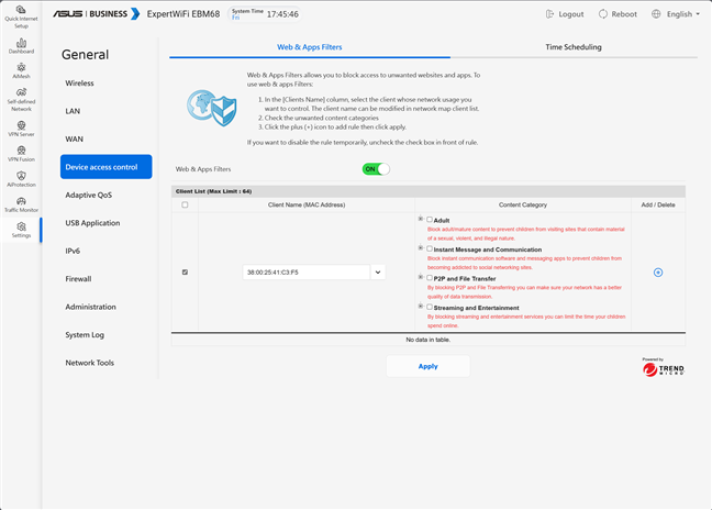 Configurarea Device access controls