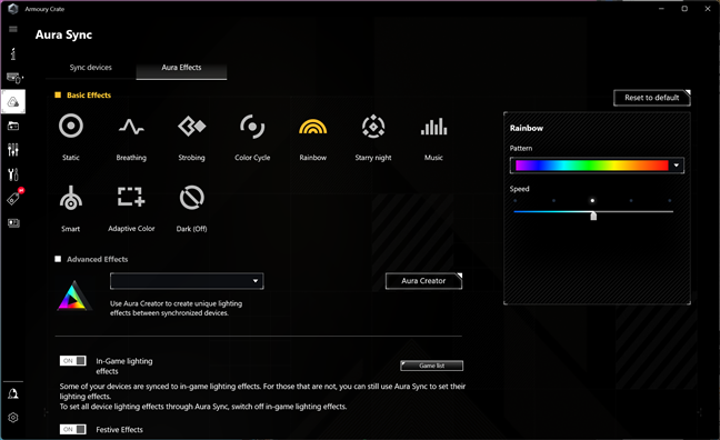 OpÈ›iunile Aura Sync din Armoury Crate