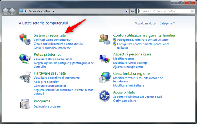 Categoria de setÄƒri pentru Sistem È™i securitate din Windows 7