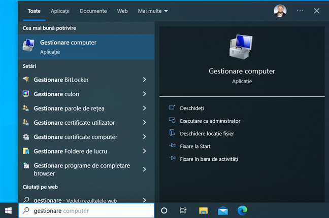 CautÄƒ Gestionare computer Ã®n Windows 10