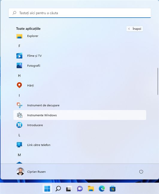 ÃŽn Meniul Start din Windows 11, acceseazÄƒ Toate aplicaÈ›iile > Instrumente Windows