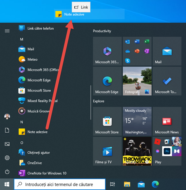 Trage scurtÄƒtura Note adezive pe desktop