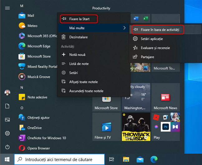 FixeazÄƒ scurtÄƒtura Note adezive la Start sau Ã®n bara de activitÄƒÈ›i din Windows 10