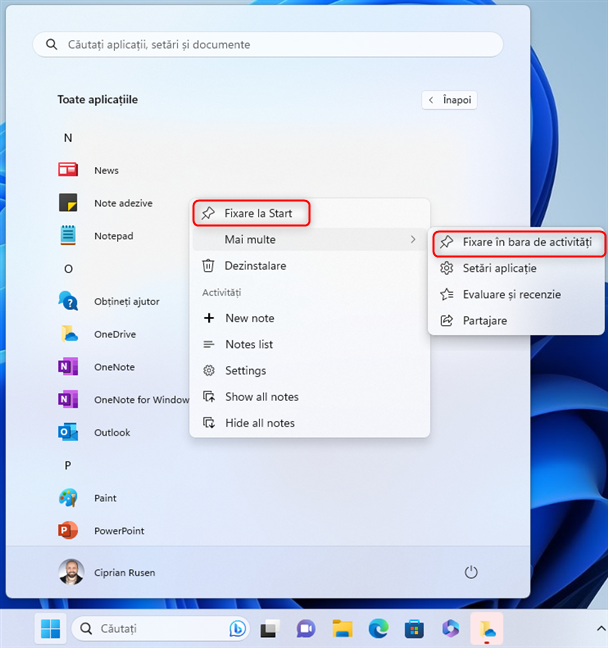 FixeazÄƒ scurtÄƒtura Note adezive la Start sau Ã®n bara de activitÄƒÈ›i din Windows 11