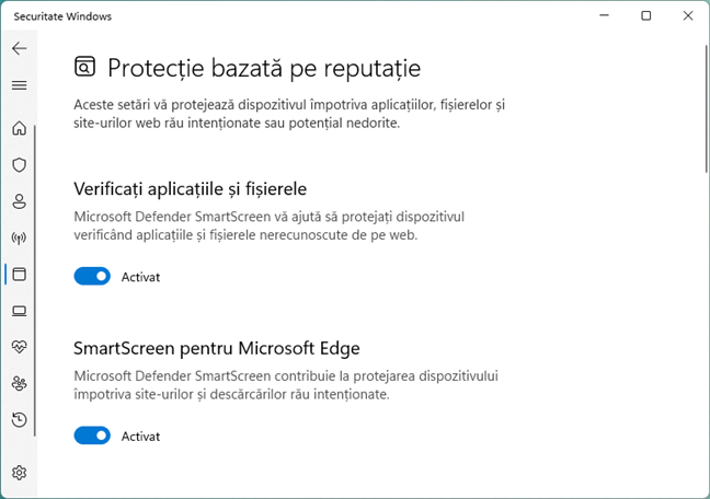 Controalele SmartScreen se gÄƒsesc Ã®n SetÄƒrile de protecÈ›ie bazate pe reputaÈ›ie