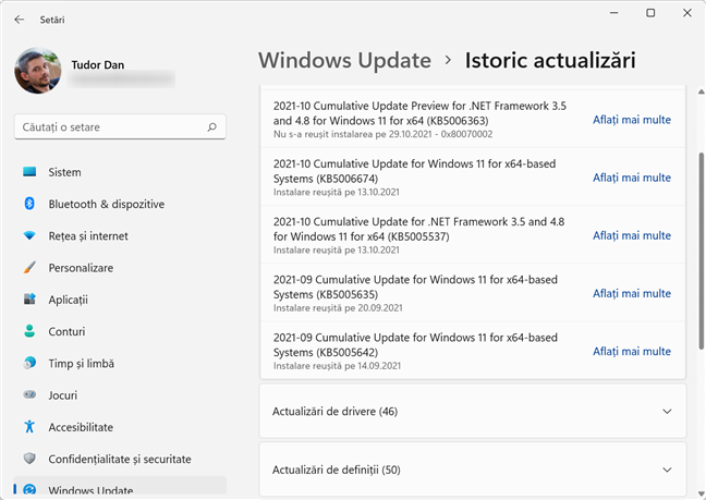 ActualizÄƒrile de Windows 11 sunt sortate pe categorii