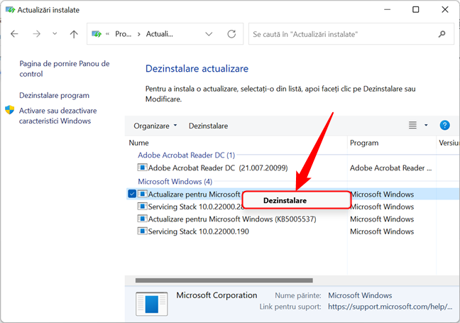 PoÈ›i da clic dreapta pe actualizare È™i apoi apÄƒsa pe Dezinstalare