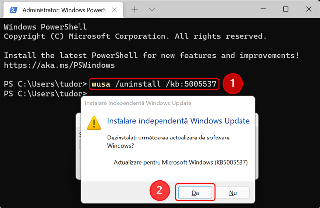 DezinstaleazÄƒ o actualizare Ã®n Windows 11 folosind Windows Terminal