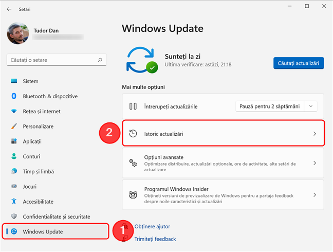Mergi la Istoric actualizÄƒri din secÈ›iunea Windows Update a aplicaÈ›iei SetÄƒri
