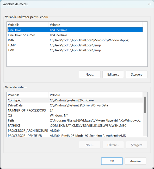 Fereastra Variabile de mediu Ã®n Windows 11