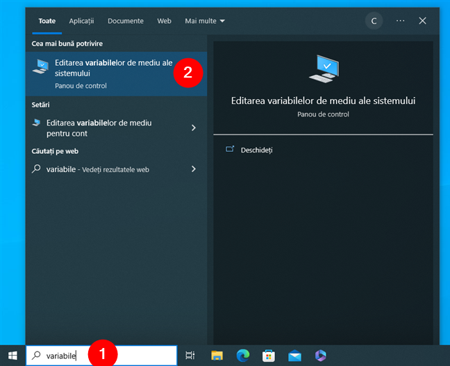 Folosirea cÄƒutÄƒrii pentru a deschide variabilele de mediu Ã®n Windows 10