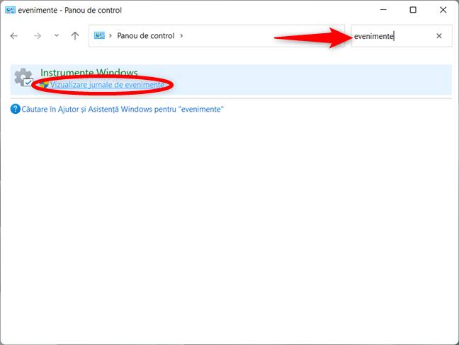 FoloseÈ™te cÄƒutarea din Panoul de control pentru a deschide Event Viewer