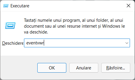 Deschide Event Viewer din fereastra Executare