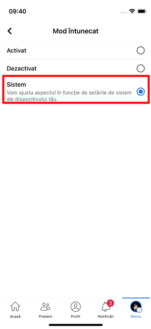 ActiveazÄƒ Modul Ã®ntunecat Ã®n Facebook pe iPhone conform setÄƒrilor de Sistem