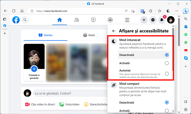 OpÈ›iunile pentru Modul Ã®ntunecat de pe site-ul Facebook pentru desktop