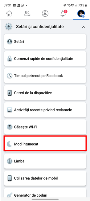 ApasÄƒ pe Mod Ã®ntunecat Ã®n Facebook pentru Android