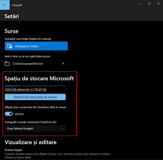 CautÄƒ rubrica SpaÈ›iu de stocare Microsoft