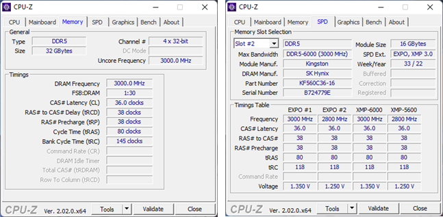 SpecificaÈ›iile tehnice din CPU-Z despre Kingston Fury Beast RGB DDR5-6000 32GB