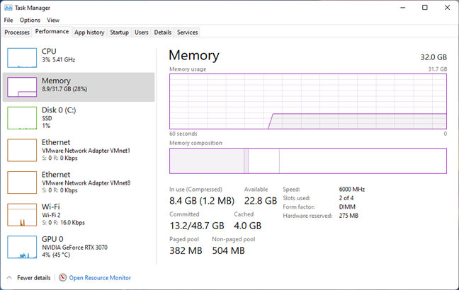 Utilizarea memoriei detaliatÄƒ de Task Manager Ã®n Windows 11