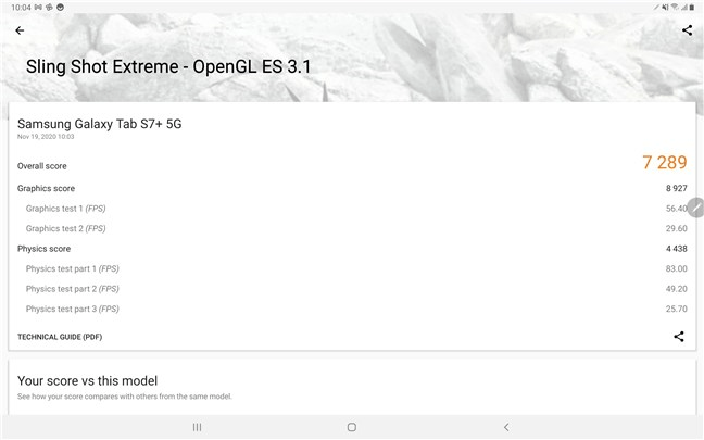 Samsung Galaxy Tab S7+ rezultate benchmark: 3DMark Sling Shot Extreme - OpenGL ES 3.1