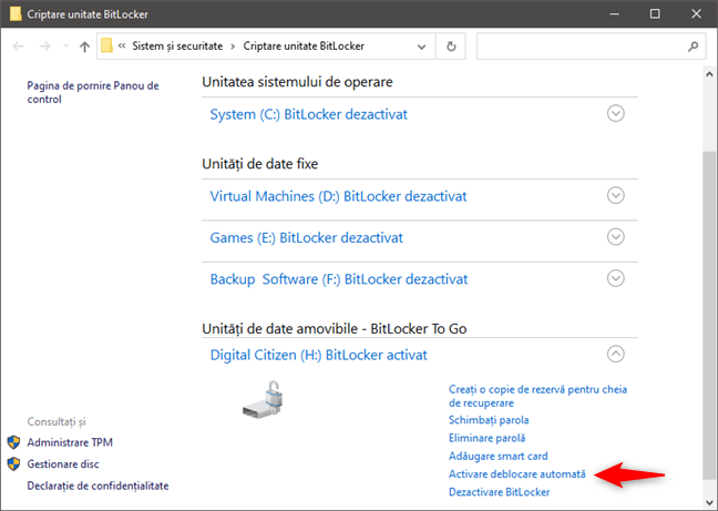 Activarea deblocÄƒrii automate pentru o unitate criptatÄƒ cu BitLocker