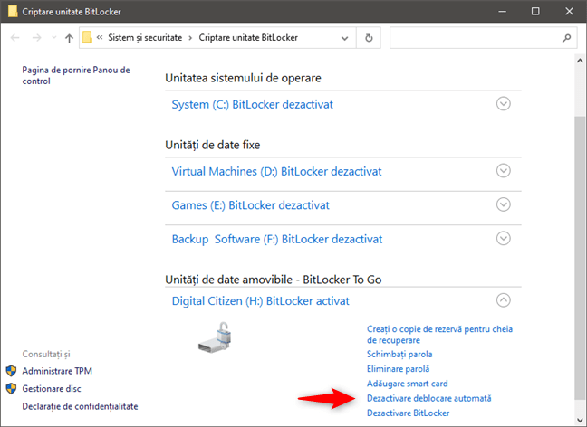 BitLocker: Dezactivare deblocare automatÄƒ