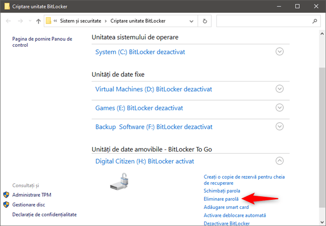 Eliminare parolÄƒ BitLocker