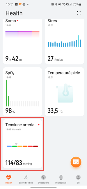 ÃŽn HUAWEI Health, apasÄƒ pe Tensiune arterialÄƒ