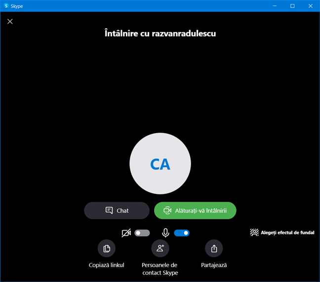 OpÈ›iunile disponibile pentru a intra Ã®n Ã®ntÃ¢lnire pe Skype